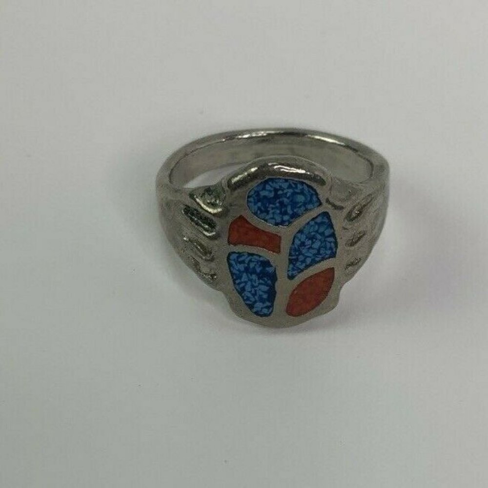 Silver Tone Turquoise Coral Mosaic Inlay Ring 10.5